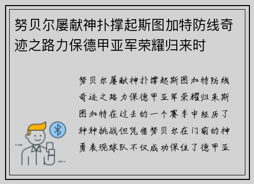 努贝尔屡献神扑撑起斯图加特防线奇迹之路力保德甲亚军荣耀归来时 努贝尔屡献神扑撑起斯图加特防线奇迹之路力保德甲亚军荣耀归来时
